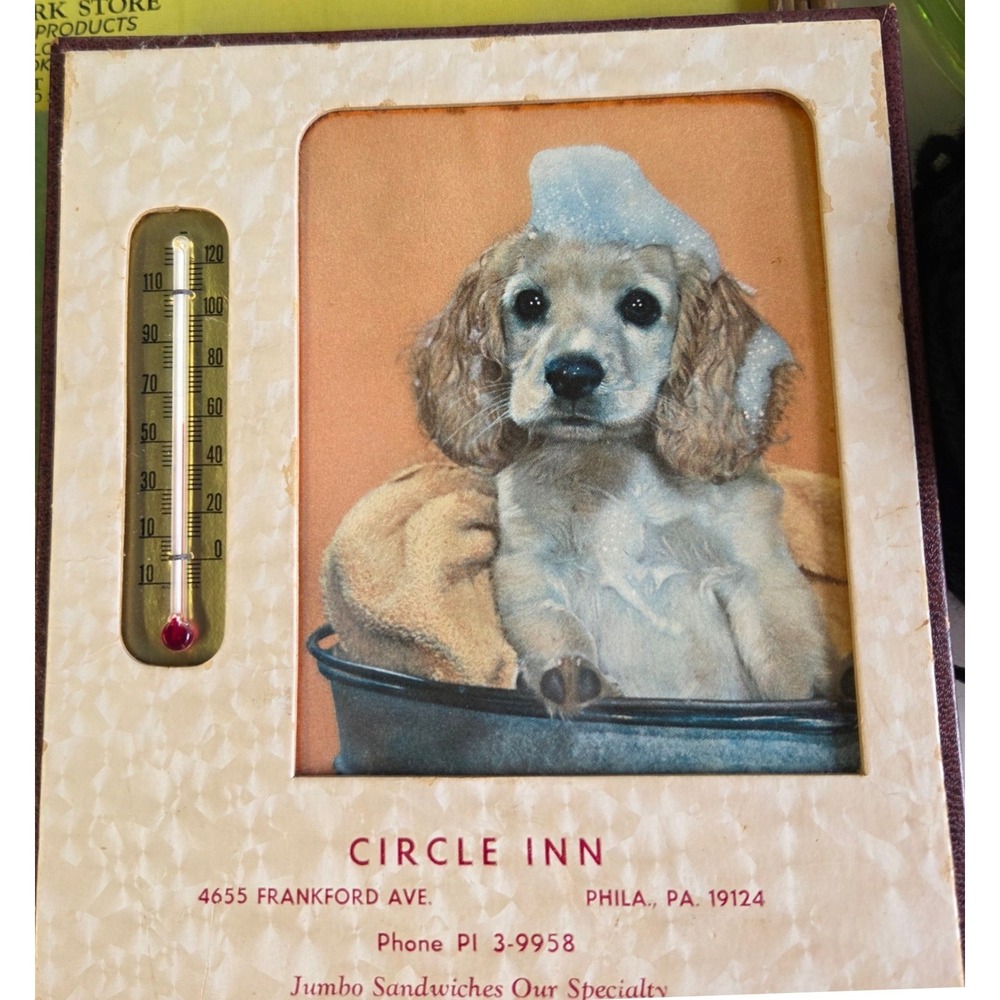 Vintage Circle Inn Advertising Thermometer Puppy Dog Philadelphia PA Fair 7x6.5